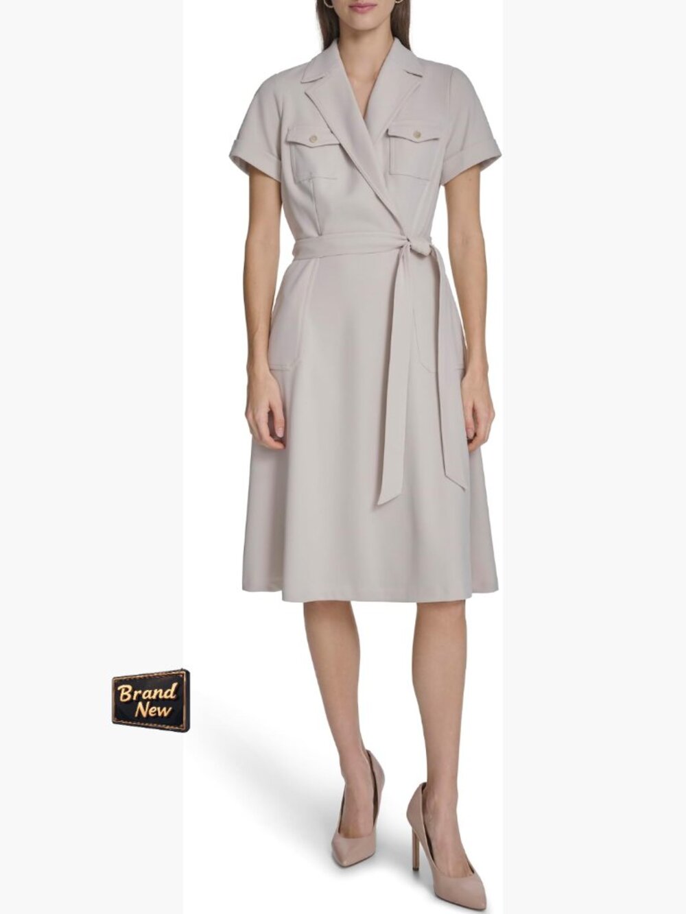 Knee-Length Scuba Crepe A-Line Dress with Self Tie Collar